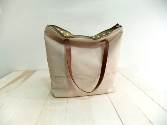 Canvas Tote Bag - Brown Leather Straps - Dotted Lining Shoulder bag ...