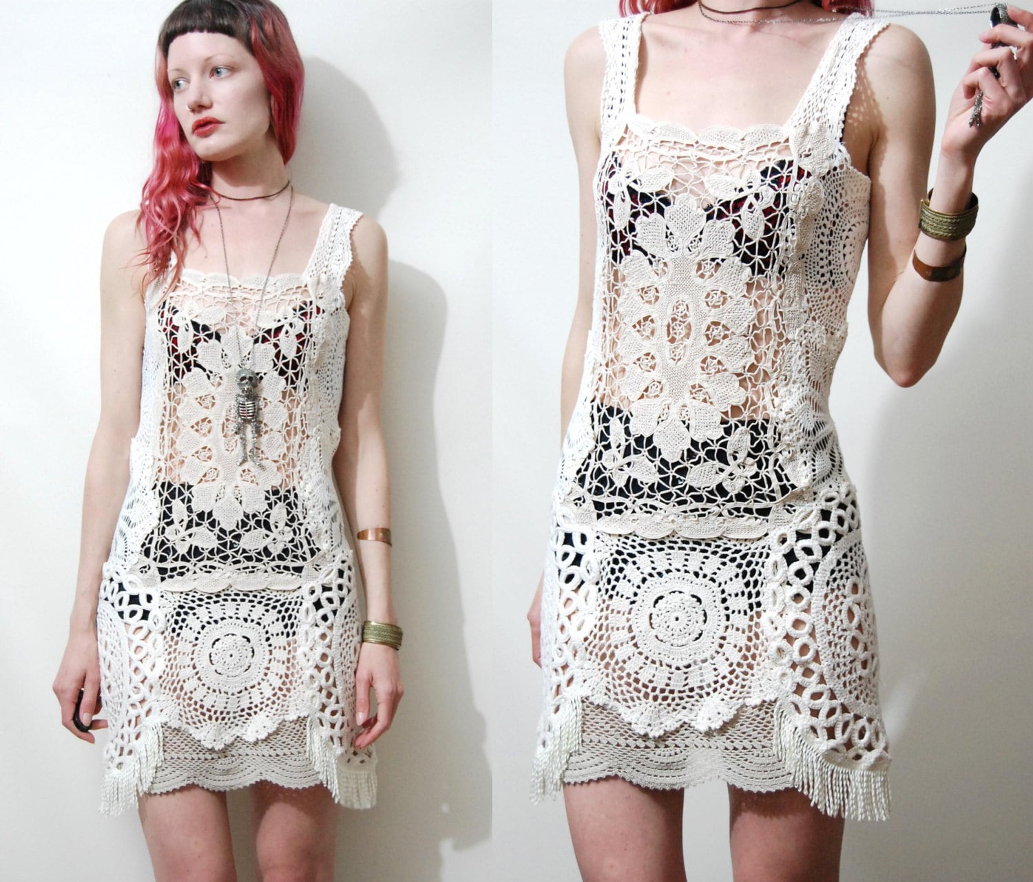 CROCHET Mini Dress White Vintage Lace Cotton Fringe Sheer