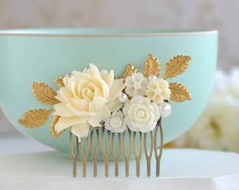 Bridal Hair Comb, Wedding Hair Accessory, Ivory Rose Flowers Gold Leaf Hair Comb, Vintage Wedding Garden Wedding Country Chic Flower Comb