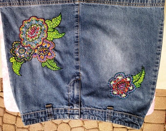 Hand Embroidered and Beaded Sz 7 Denim Skirt by StitchesbyAma