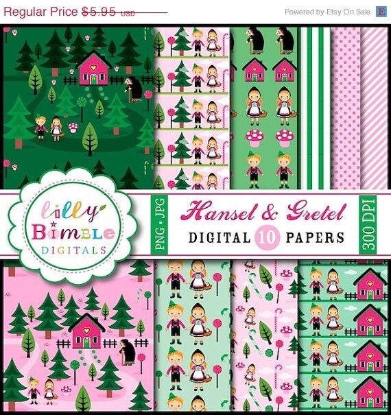50% off Hansel and Gretel digital papers Fairytale candy INSTANT DOWNLOAD witch kawaii Il_570xn