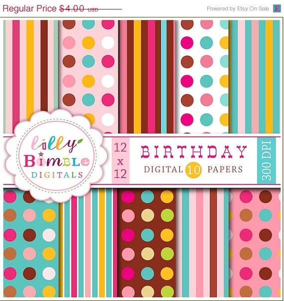 50% off Birthday Papers digital papers, invites, cards commercial and personal use polka dots, stripes, pink, brown, teal INSTANT DOWNLOAD Il_570xn