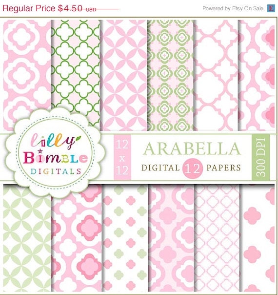 50% off Pink and green quatrefolil digital papers modern baby scrapbooking INSTANT DOWNLOAD Arabella Il_570xn
