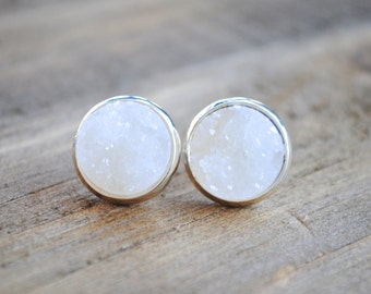 White Druzy Earrings. Silver Setting. Bridesmaids Earrings.