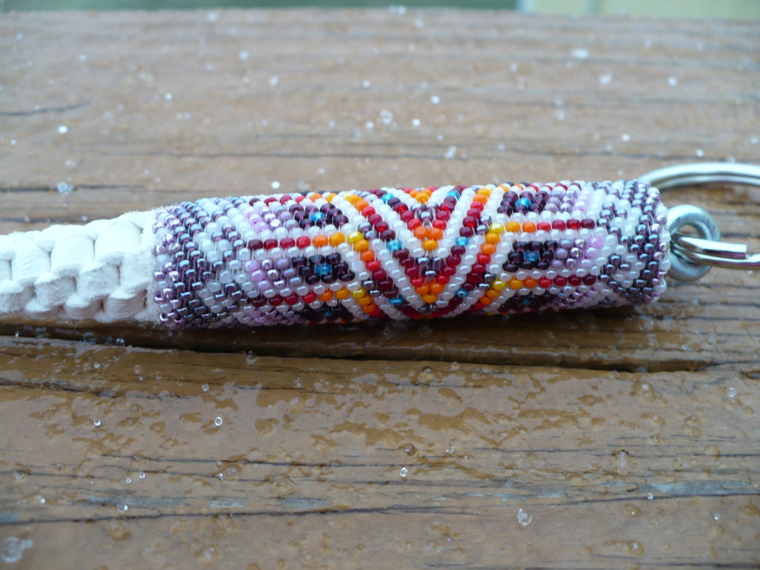 Purple peyote stitch beaded keychain Native American handmade