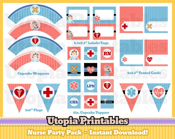 Items similar to Nurse Party Printable Party Pack Nurse Birthday Party Set Blue Pink Nursing ...