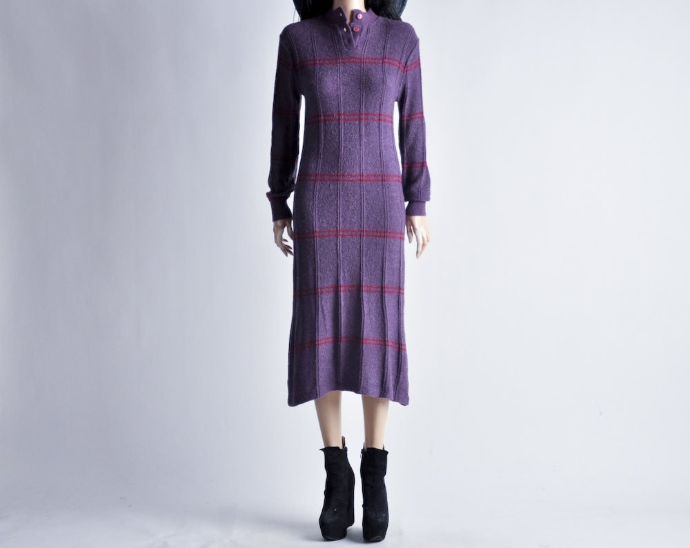 purple boucle knit striped midi sweater dress by persephonevintage