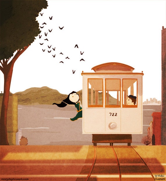 San Francisco cable car, SF art, blank greeting card - "Cable car"