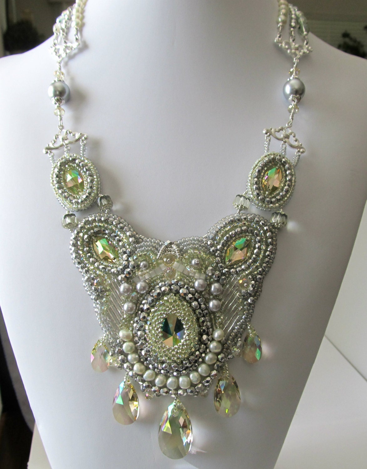 Beadwork Beaded Necklace Luminous Green by PacificJewelryDesign