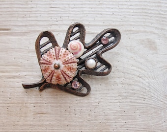 Pink Sea Urchin Brooch Pearl and Seashell Leaf Pin