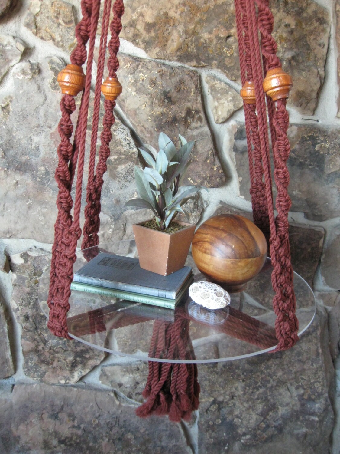 Vintage macrame hanging table or plant hanger brown with wood