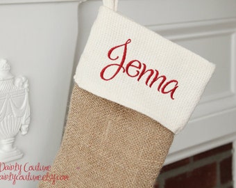 CHRISTMAS in JULY SALE- Burlap Christmas Stocking - Cream and Red detail - Free monogramming