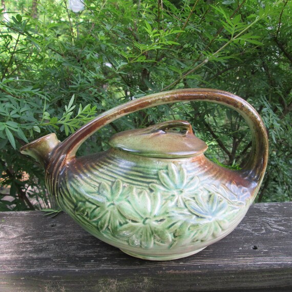 Antique McCoy Daisy Teapot Green and Brown 1942
