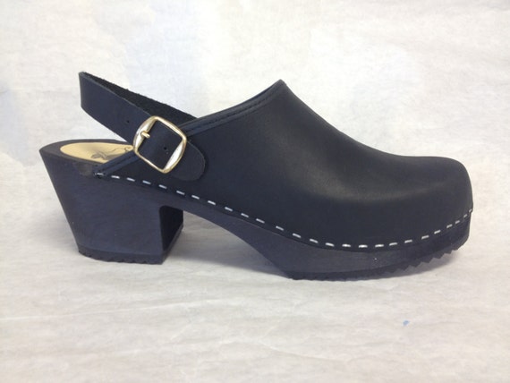 Black oiled medium heel clog with ankle strap by ChameleonClogs