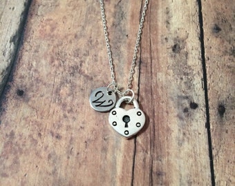 Heart padlock initial necklace - heart jewelry, padlock necklace, silver heart necklace, sweetheart necklace, Valentine's Day necklace