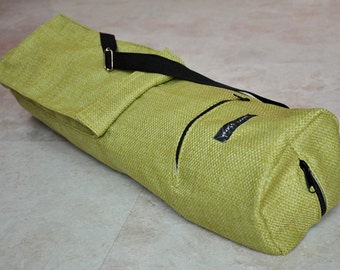 Yoga mat bag, sturdy unisex, green weaved, textured yoga bag for men and women, yoga tote bag with zipper, pockets, and adjustable strap