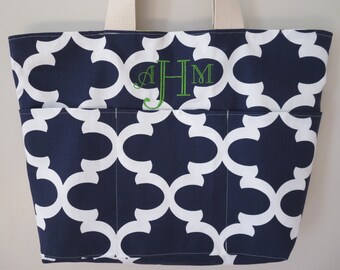 Teacher Tote Bag, REVERSIBLE, Peacock Feathers & Quatrefoil, Monogrammed, Large with Pockets