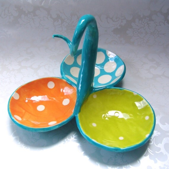 whimsical Ceramic condiment serving dish 3 bowls in by maryjudy