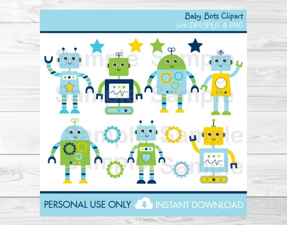 Cute Robot Clipart / Baby Bot Clipart / Robot Baby Shower / Baby Shower Clipart / Birthday Clipart / PERSONAL USE Instant Download Il_570xn