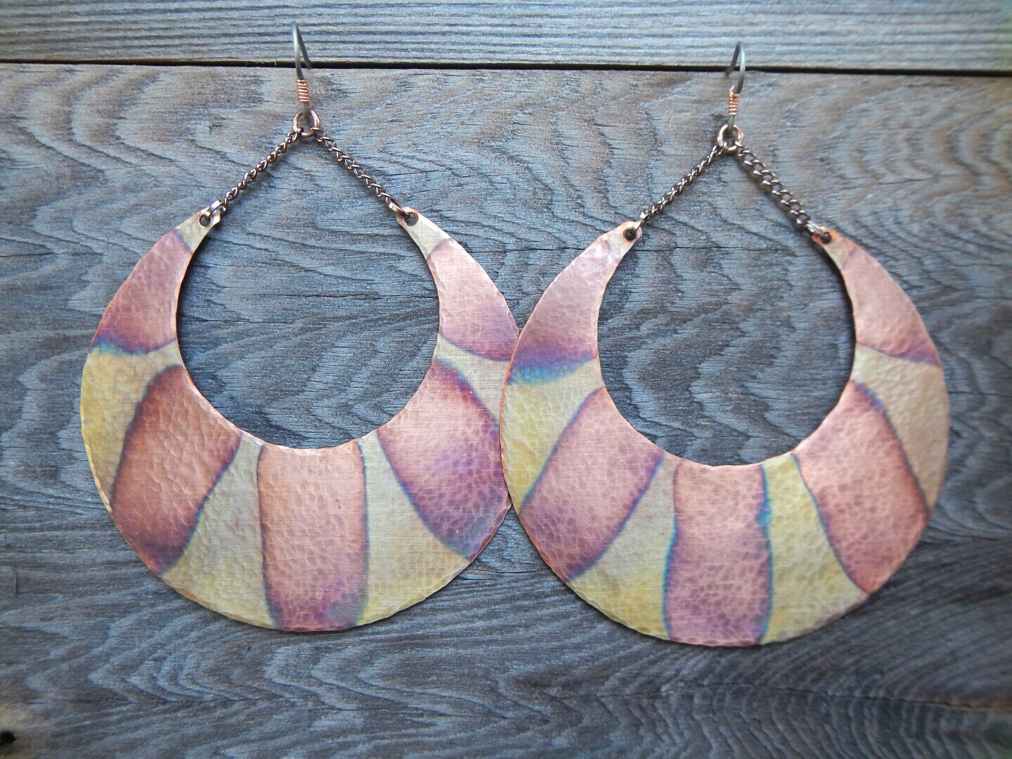 Extra Large Crescent Moon Earrings Hammered Copper Moon