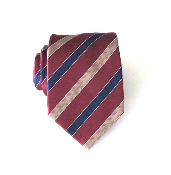 Mens Tie Burgundy Navy Blue Gold Stripes Silk by TieObsessed