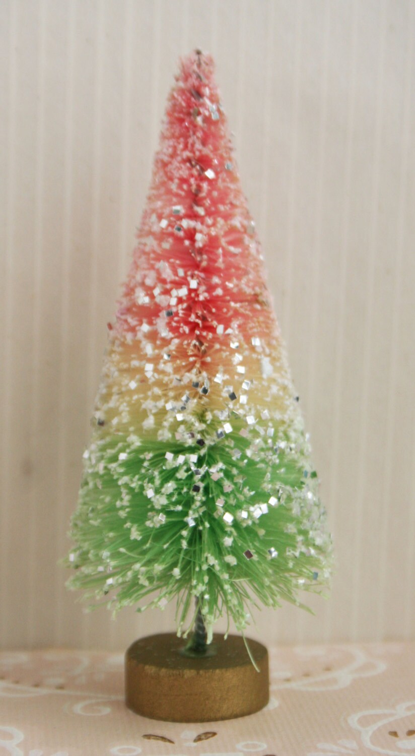 Mint Green and Pink Striped Bottle Brush Tree - 3.5 Inch Candyland Vintage Glittered Tree - Dyed Bottle Brush Holiday Christmas Ornament