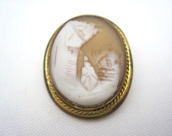Antique Cameo Brooch - Carved Shell Rebecca at the Well, VintageInBloom