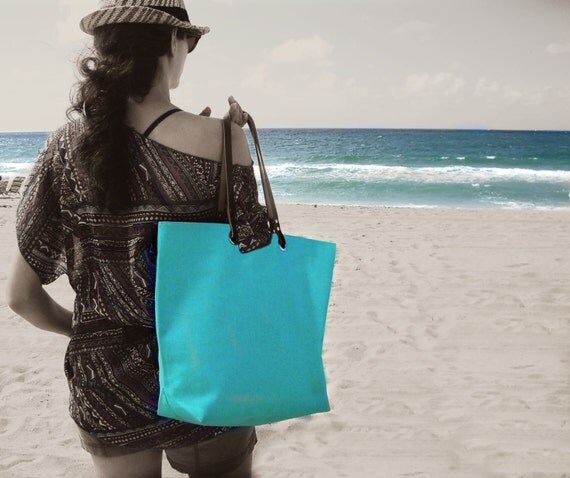 Items similar to Bright Beach Bag, Turquoise Tote Bag, Aqua Linen Bag ...