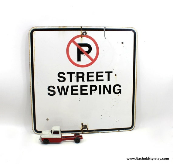 1970s Street Sweeping Sign Huge Vintage Metal by Nachokitty