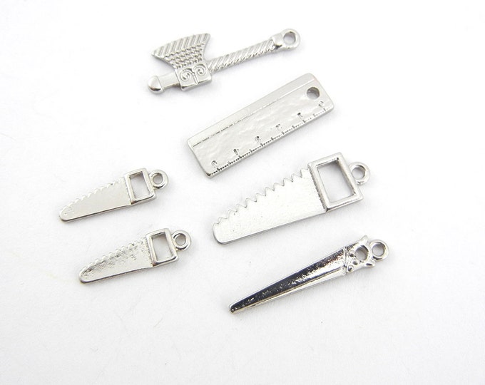 Set of Tool Charms, Saws, Axe, Ruler Silver-tone