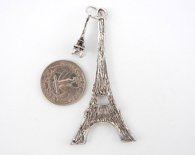 Large Antique Silver-tone Eiffel Tower Pendant with Small Charm