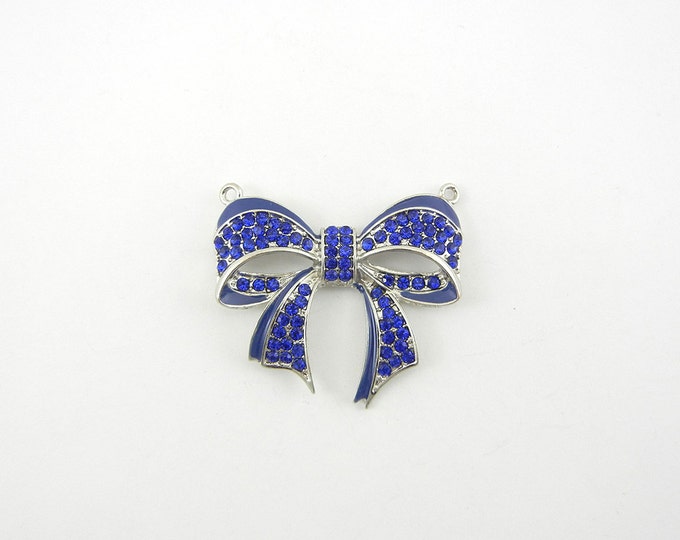 Sapphire Blue Rhinestone Ribbon Bow Pendant Double Links Silver-tone