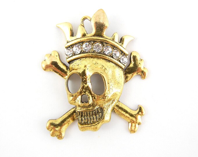 Skull and Cross Bones with Crown Charm Pendant Yellow Gold-tone