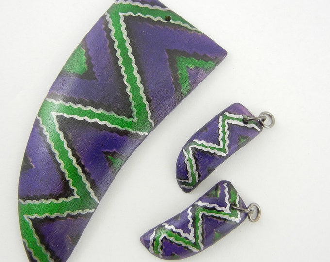 Set of Purple Wooden Horn or Claw Shaped Pendant and Charms Tribal Print