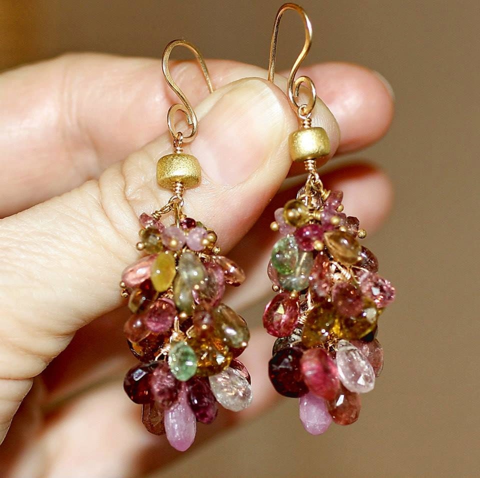 Multi Gemstone and Solid Gold Earrings by stonecraft on Etsy