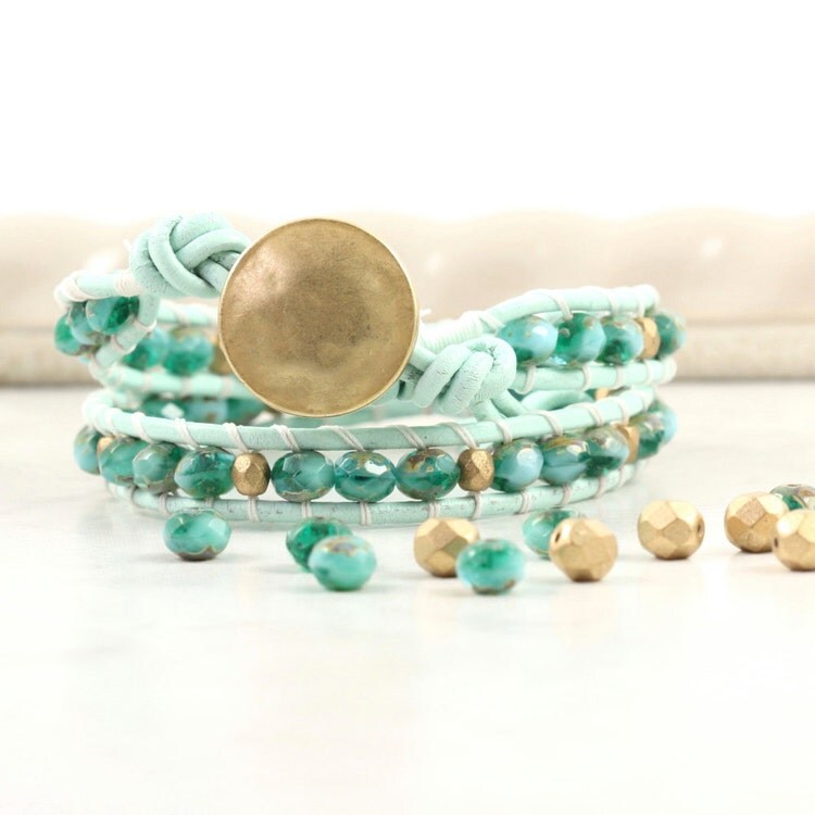 Mint Green Wrap Bracelet Gold Beaded by AbacusBeadCreations