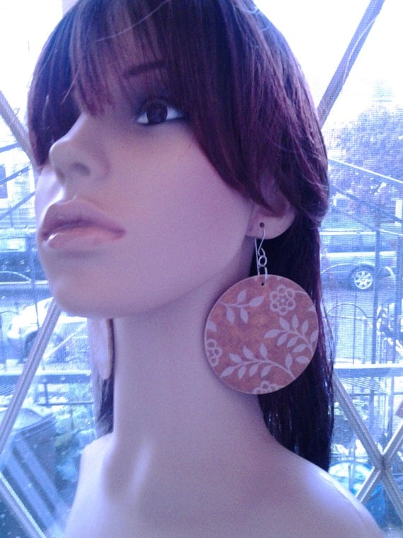 Round Wood and Paper Earrings, Womens Earrings, Ladies Jewely, Handmade Earrings, Womens Jewelry, Ladies Earrings