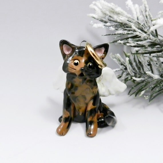 Tortoiseshell Cat Angel Christmas Ornament Figurine Porcelain
