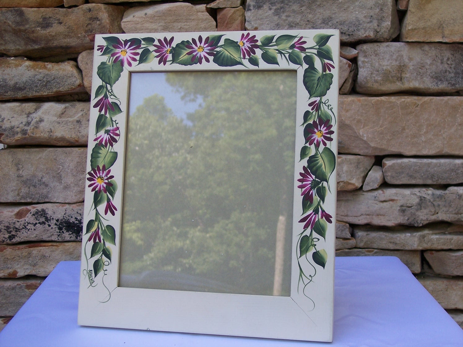 Hand Painted Wooden Picture Frame with Magenta Daisies