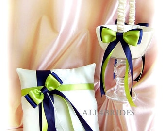 Navy Blue and Green Wedding Basket and Pillow, Wedding Decorations ring bearer pillow and flower girl basket set.
