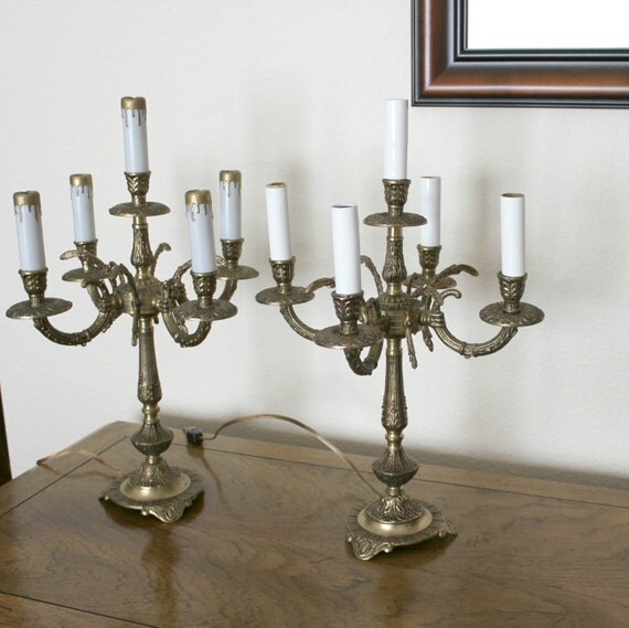 Vintage Pair Candelabra Electric Lights Lamps Brass