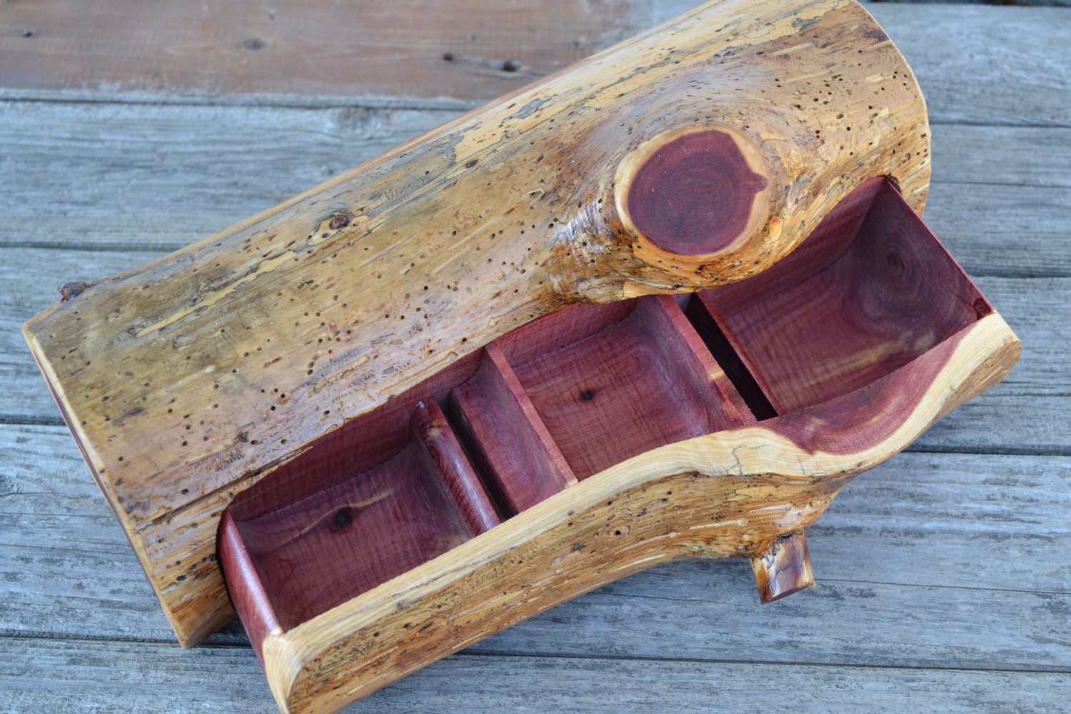 Cedar Log Jewelry Box with Hidden Drawer 548