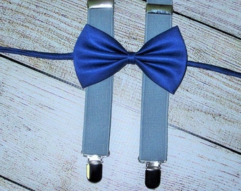 Satin Blue Bow Tie Gray Suspenders Baby Boys BowTie Suspenders Toddlers Infants Ready To Ship