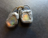 Shimmer beach glass earring pair with solder and flash. Faux Roman glass. 4