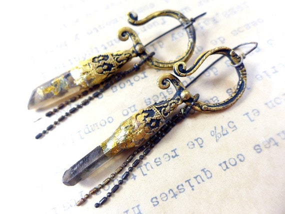 An Idea. Rustic cosmic tribal earrings with smokey quartz crystal points and gold leaf.