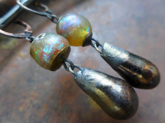 Unnerving Light. Rustic art bead dangle earrings.  Iridescent art beads, ceramics.