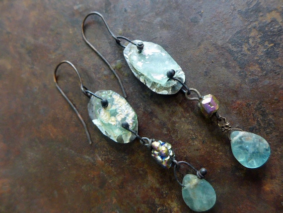 Of Shimmering Rains. Rustic victorian tribal assemblage earrings with Roman glass, apatite.