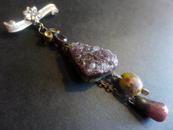 Dwell in Your Own Enchantment. Purple Victorian Tribal dangle cluster assemblage art brooch.