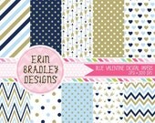 50% OFF SALE Blue Valentines Day Digital Paper Set Holiday Digital Paper Graphics Hearts Arrows Chevron Stripes INSTANT Download Il_170x135