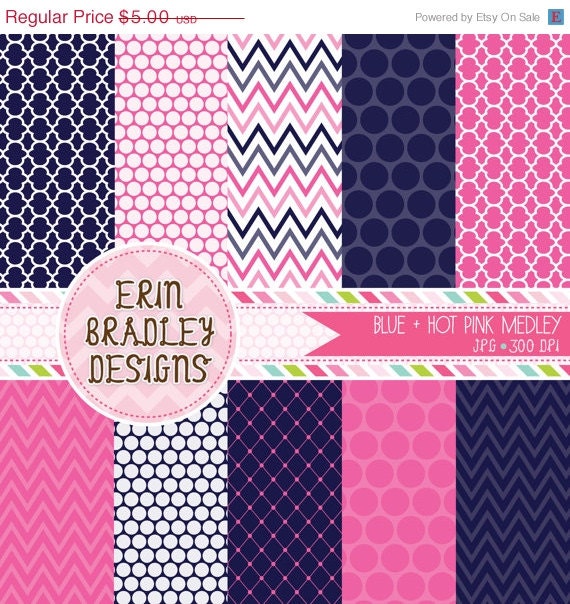 50% OFF SALE Digital Paper Pack Personal and Commercial Use Blue and Hot Pink Il_570xn